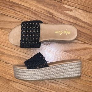 Black Faux Leather Espadrille Platform Sandals